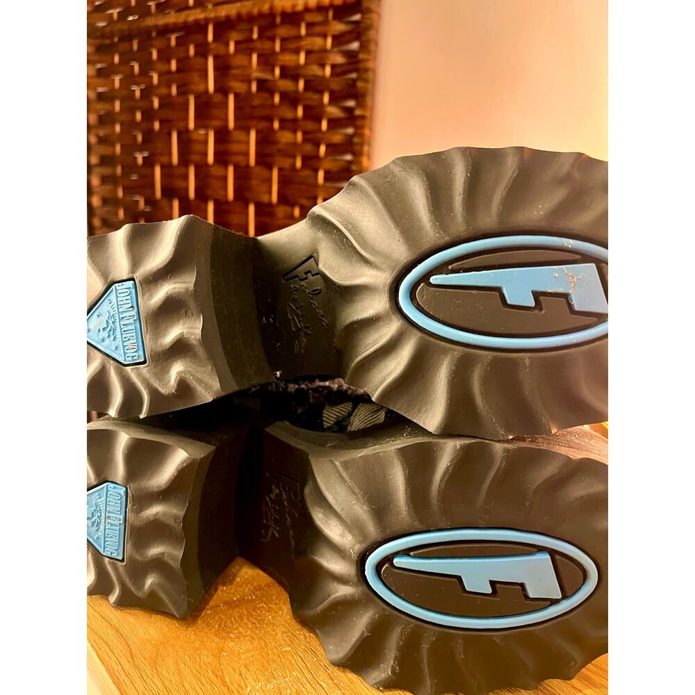 John Fluevog Twirl Denim Checkerboard Patchwork Vegan Platform Boots in Sz W 11 - Picture 5 of 7